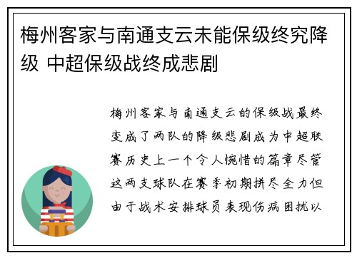 梅州客家与南通支云未能保级终究降级 中超保级战终成悲剧